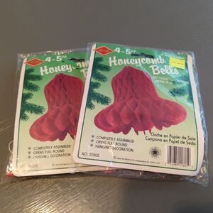 Vintage Beistle Red Honeycomb Bell Art Tissue Decor Christmas Holiday 1992 Set 2